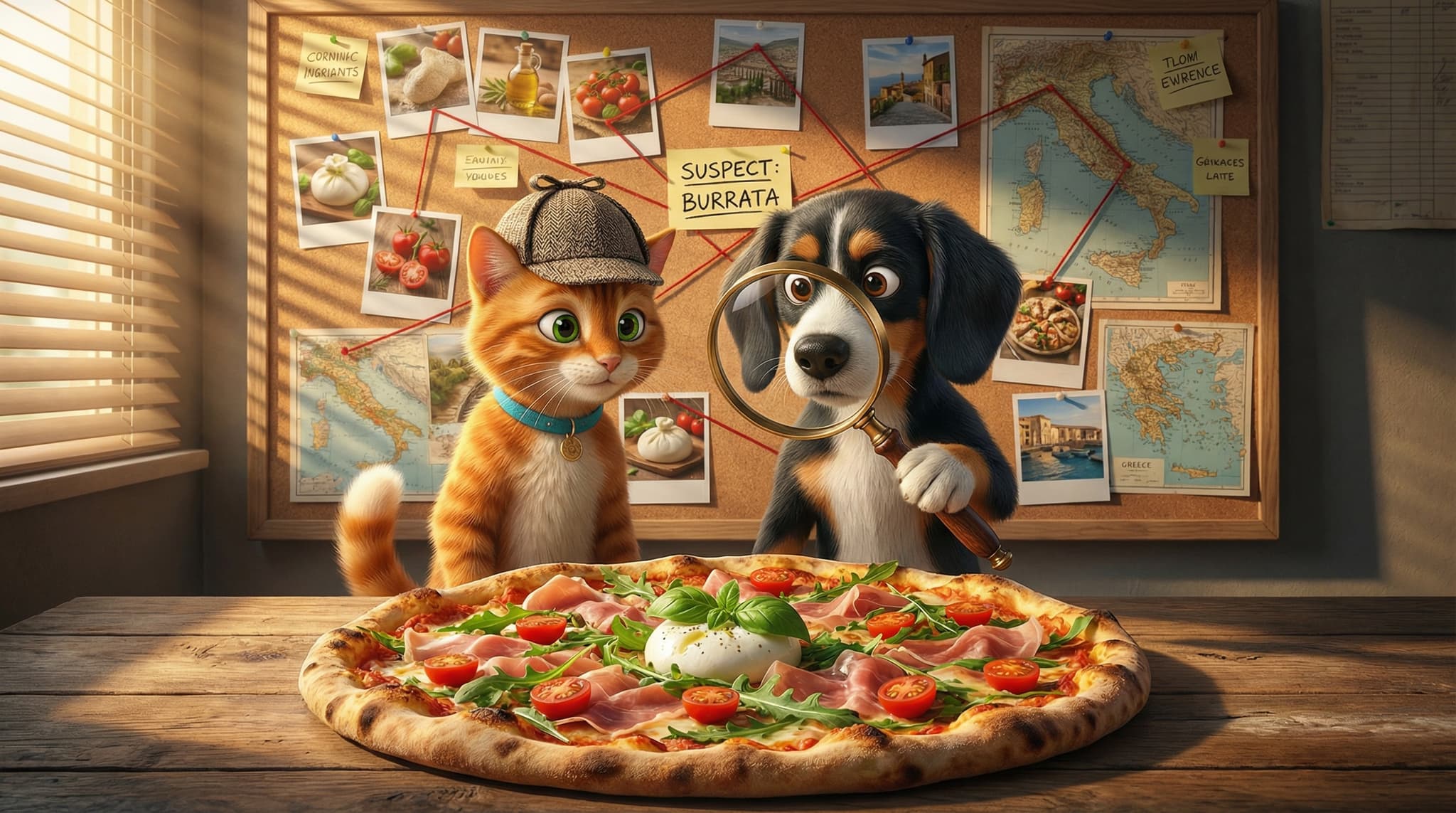 Bruno the cat and Richard the dog dressed as culinary detectives, investigating a giant pizza with a magnifying glass